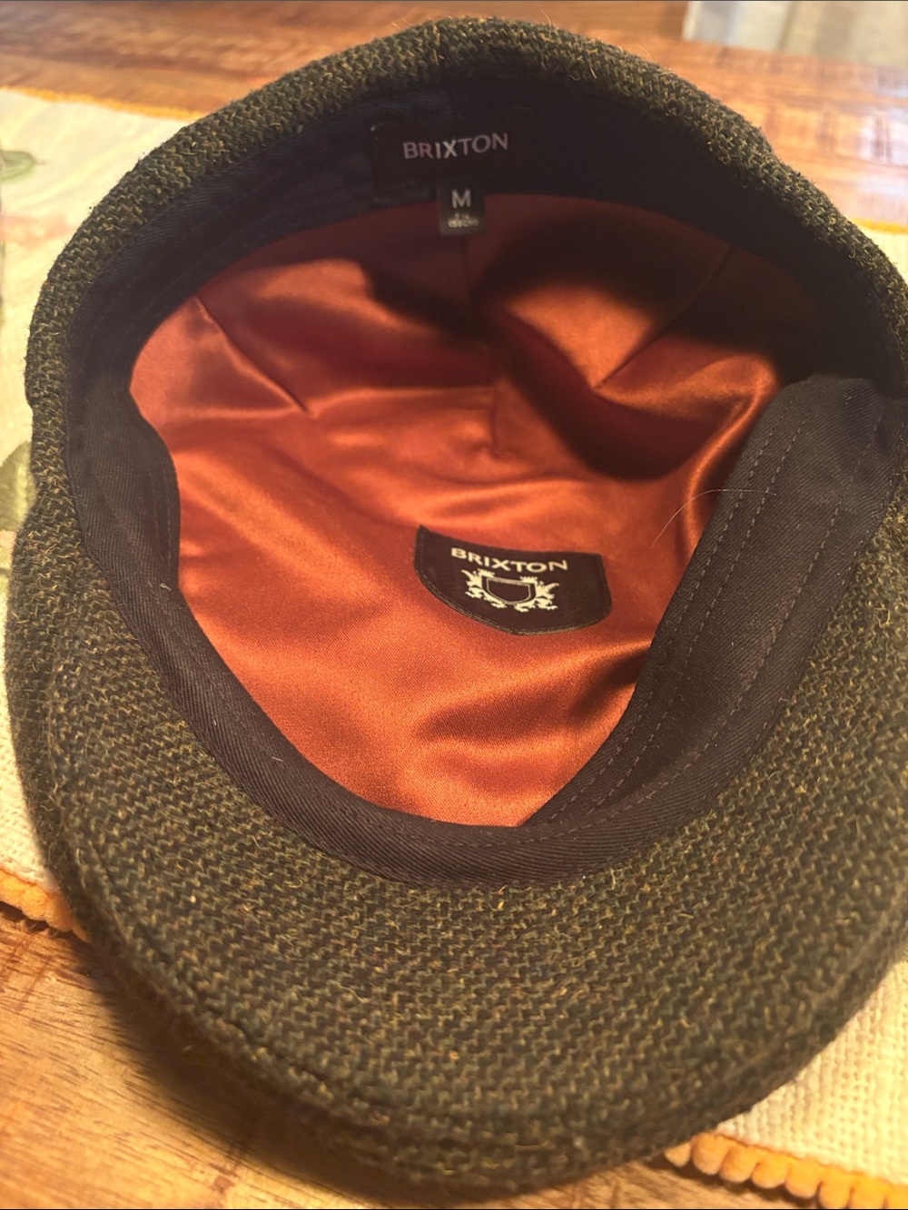 Brixton Olive Tweed Cap with Rust Satin Interior